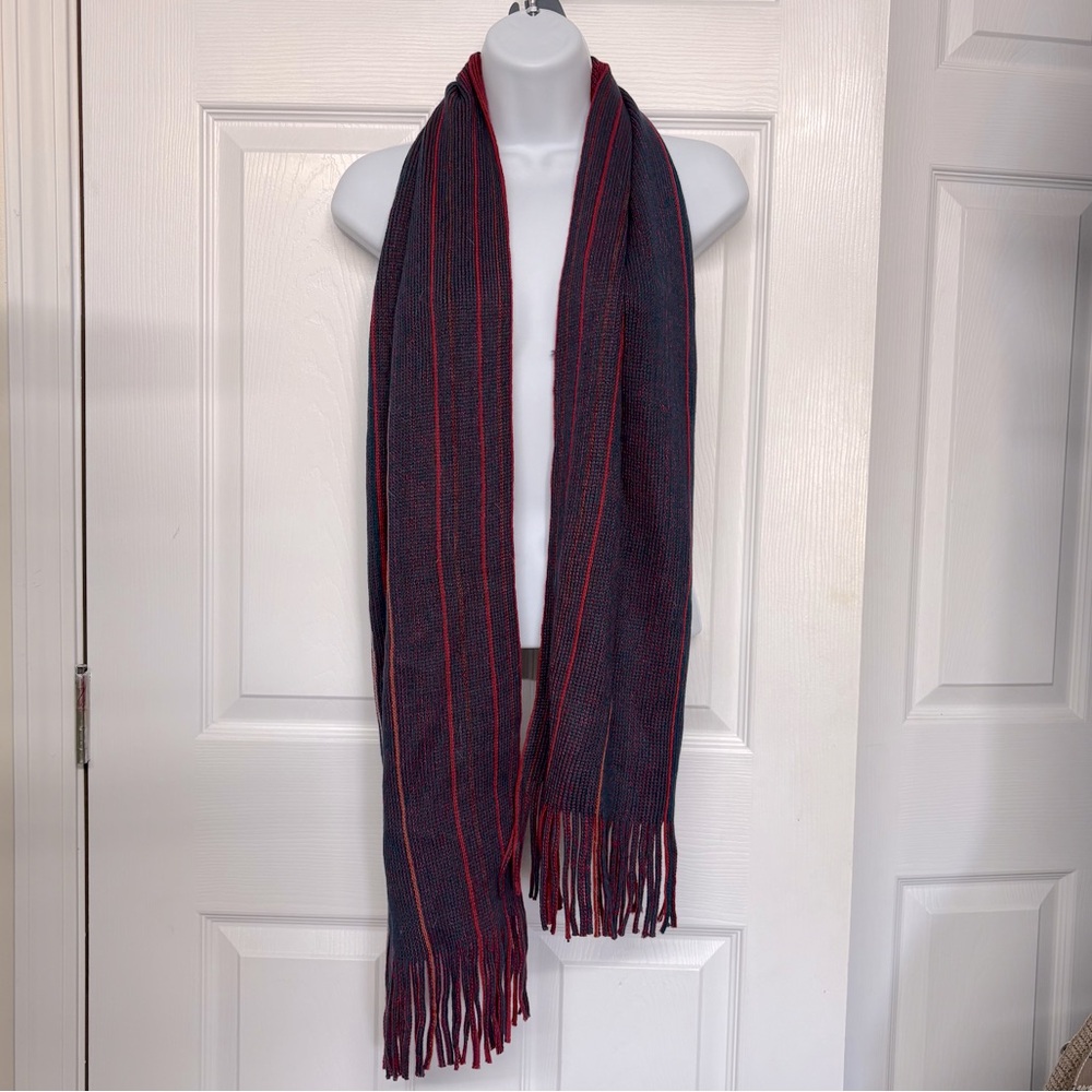 Reversible Red and Navy Blue Striped Wool Blend Long Winter Scarf NWT